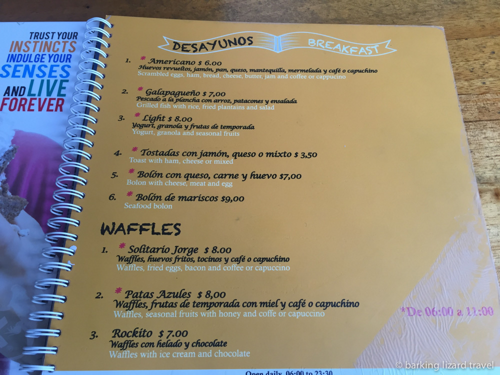 photo of the breakfast menu at the Rock restaurant in Puerto Ayora, Santa Cruz