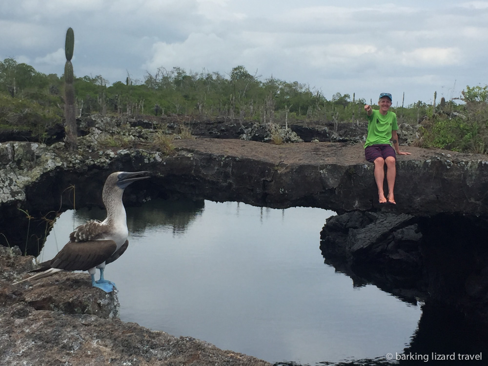 photo of lydia pointing at a blue footed booby at los tuneles galapagos-islands