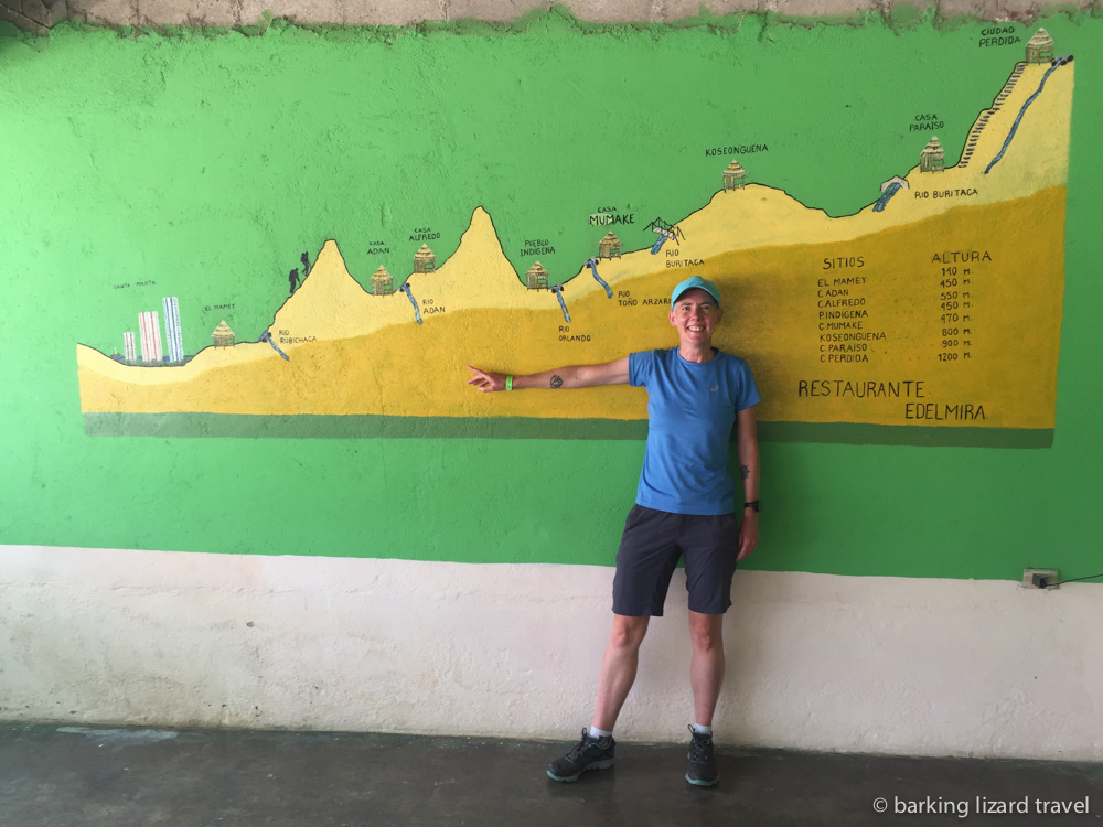 Lydia point to a mural of the ciudad perdida hiking route