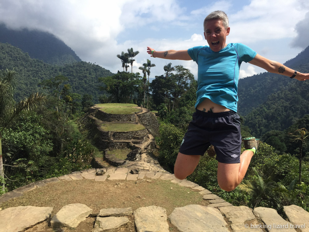 Lydia jumping up in front of the Ciudad Perdida site