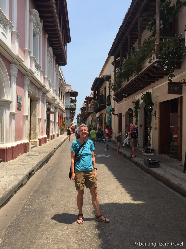 a photo of the author standing in the middle of one of the streets in Cartagenas old town